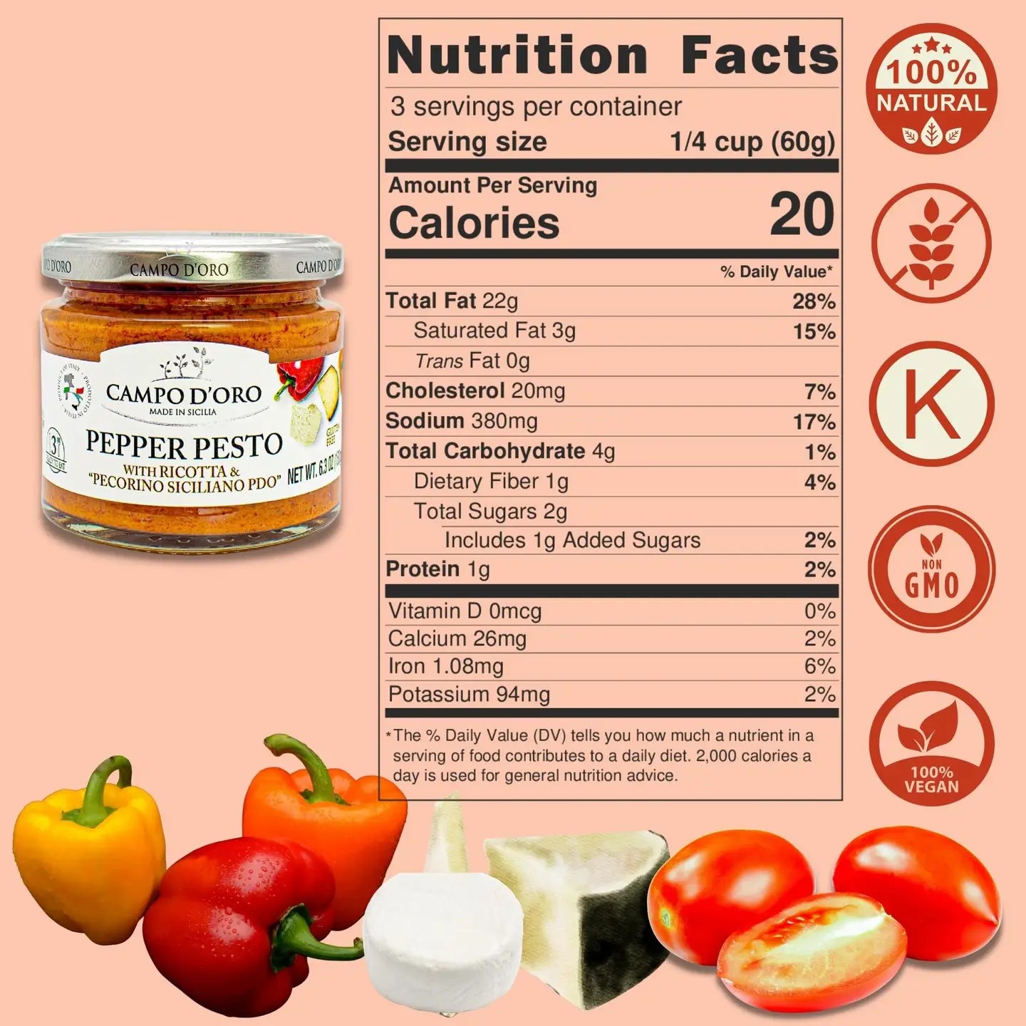Campo D'oro Sicilian Pepper Pesto Ricotta and Pecorino  nutritional info
