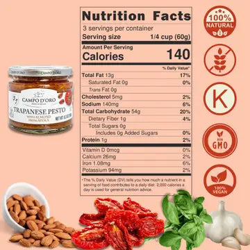Nutrition facts label for Campo D'Oro Trapanese Pesto with ingredients displayed below.