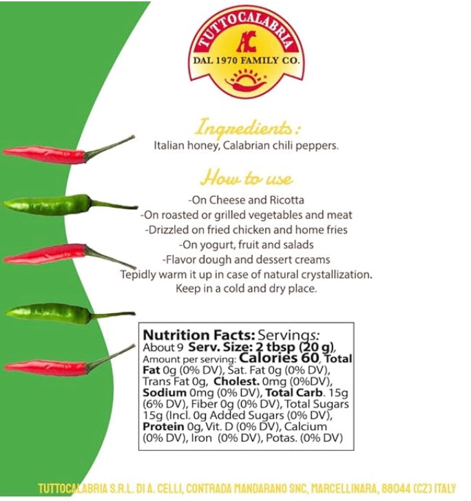Tuttocalabria Hot Honey with Calabrian Chili Peppers  Imported from Italy