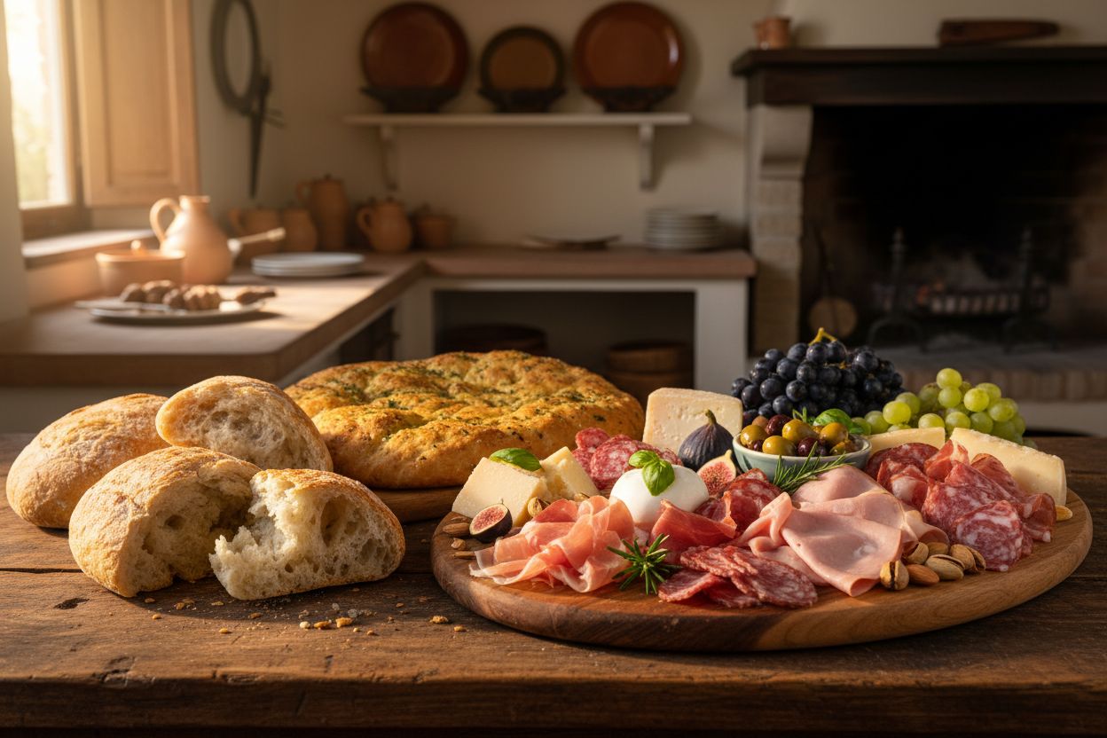 italian bread and a chartuterie board
